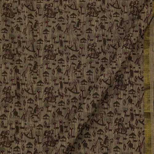 Warli Print on Two Side Bordered Slub Cotton Beige X Black Cross Tone Fabric Cut of 0.75 Meter