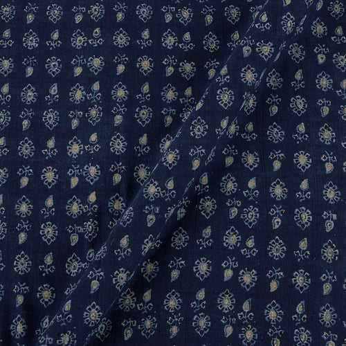Vanaspati Ajrakh Indigo Blue Colour Authentic Leaves Block Print Cotton Fabric Cut Of 0.65 Meter