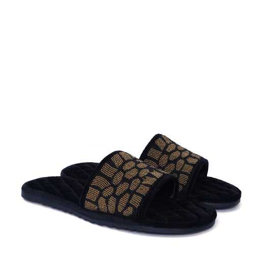 Leopard Styled Zardosi Strap Quilted Super Soft Base Velvet Slide-in Slippers By Brune & Bareskin