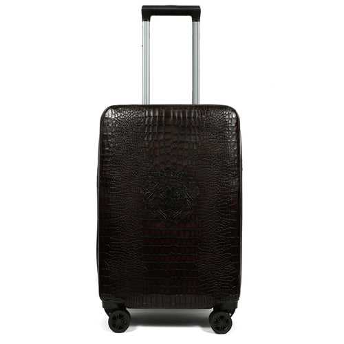 Light Weight Cabin Luggage Dark Brown Croco Textured Leather Trolley bag (360 Rotation)