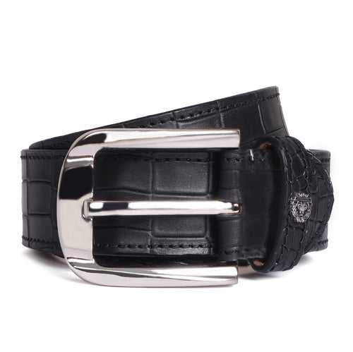 Mini Lion Black Deep Cut Croco Print Leather Silver Buckle Belt By Brune & Bareskin