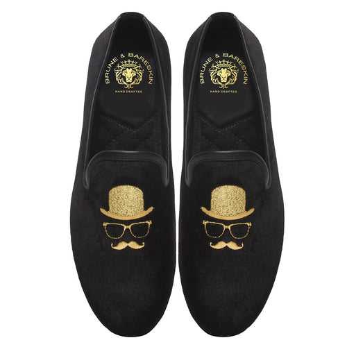 Black Velvet/Gentlemen Golden Embroidery Slip-On Shoes By Brune & Bareskin