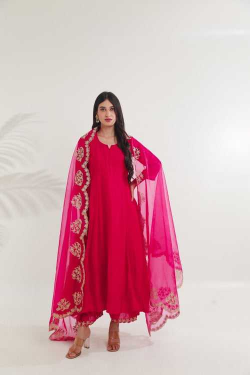 Pink chanderi heavy aari embroidery dupatta three kali set