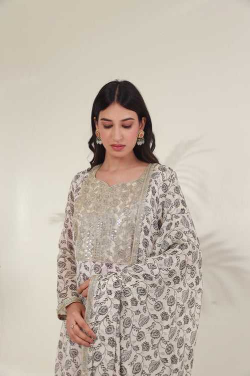 White Black floral digital print viscose chinon kurta set