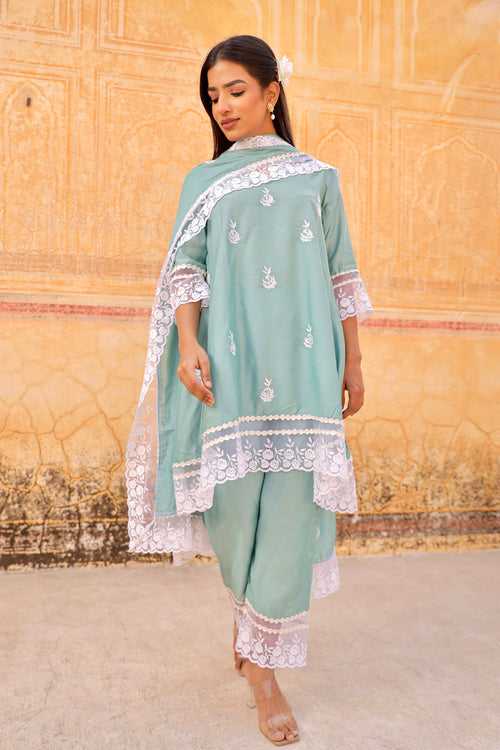 Mint Aari Embroidery lace detailing A-line set