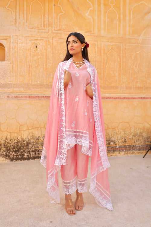 Pink aari embroidery lace detailing A-line set
