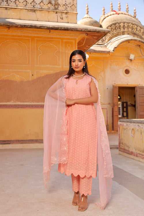 Peach Shiffly chikankari cotton straight set