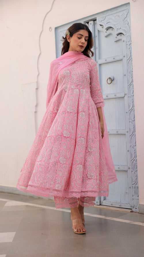 Pink Jaal Handblock Cotton Anarkali With Doriya Dupatta