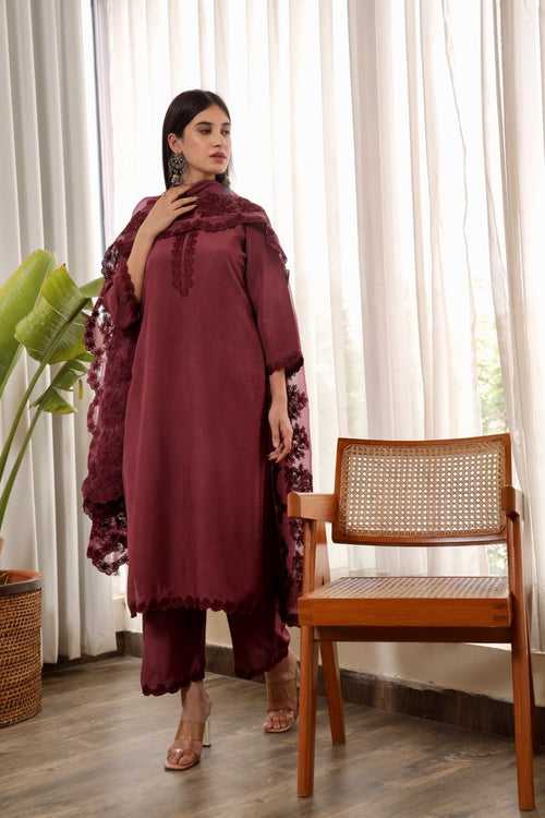 Purple muslin embroidered kurta set organza dupatta