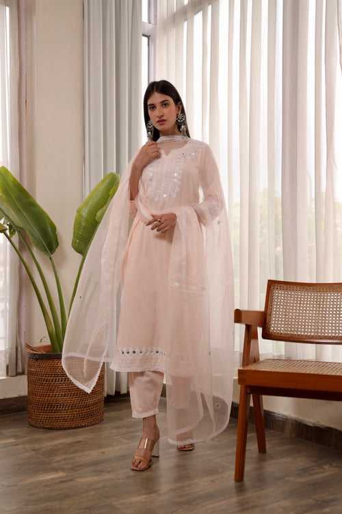 Pink embroidered cotton straight set