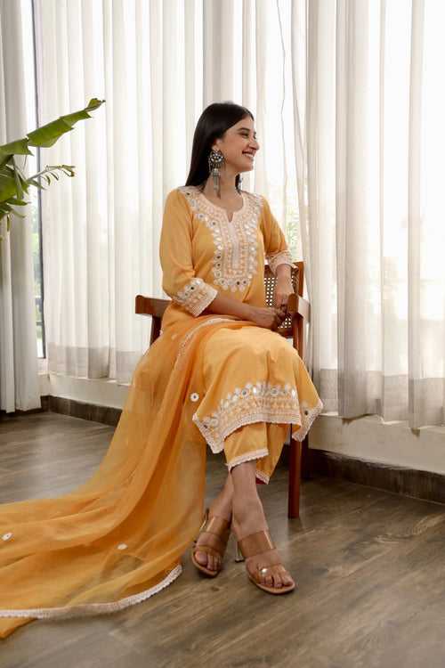 Yellow embroidered cotton straight set