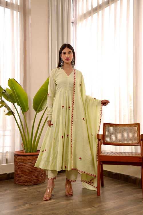 Chanderi pista green embroidered anarkali set