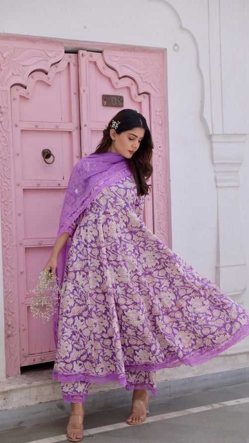 Purple Jaal Handblock Cotton Anarkali With Doriya Dupatta