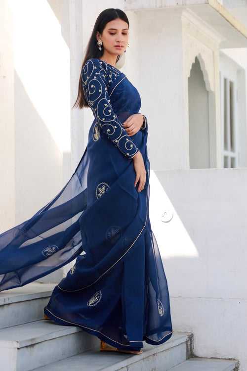 Shreeja navy blue silk organza saree