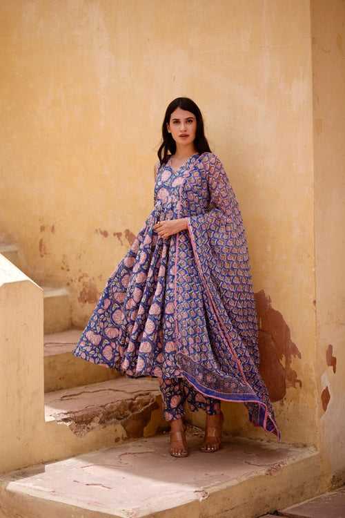 Glory blue cotton anarkali set