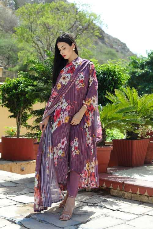 Flora three kali wine kurta straight set