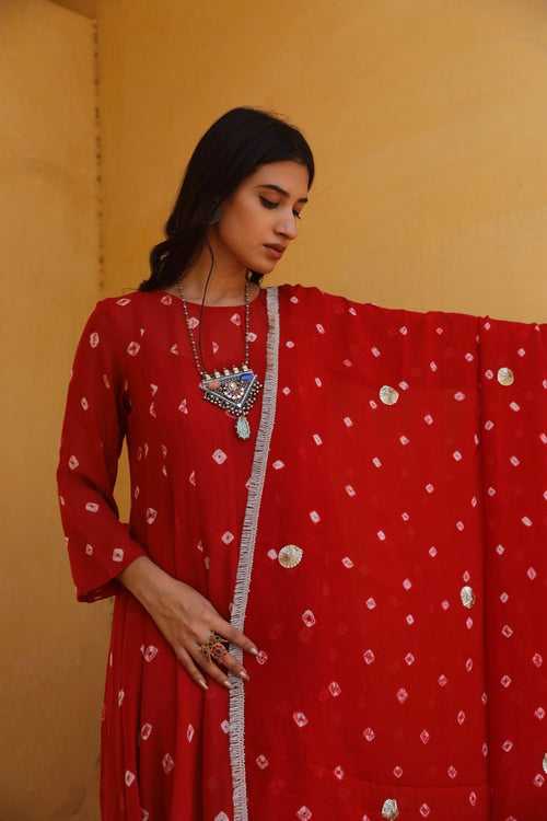 Red hand tie and dye bhandhej anarkali