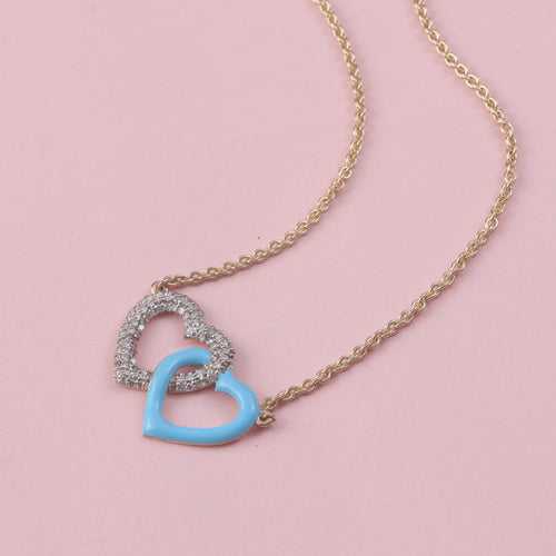 Always together Twin Heart Pendant in Diamonds and Turquoise Enamel