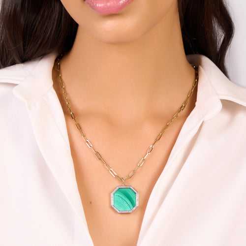 Large Octagon Malachite Diamond Link Chain Pendant