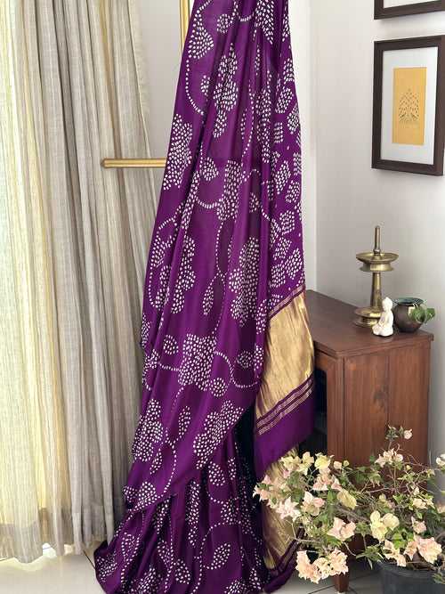 Purple Violet Floral Pure Gajji Silk Bandhani Saree