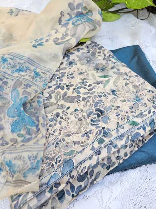 3pc Butter Cotton Printed and Machine Embroidered Suit Set