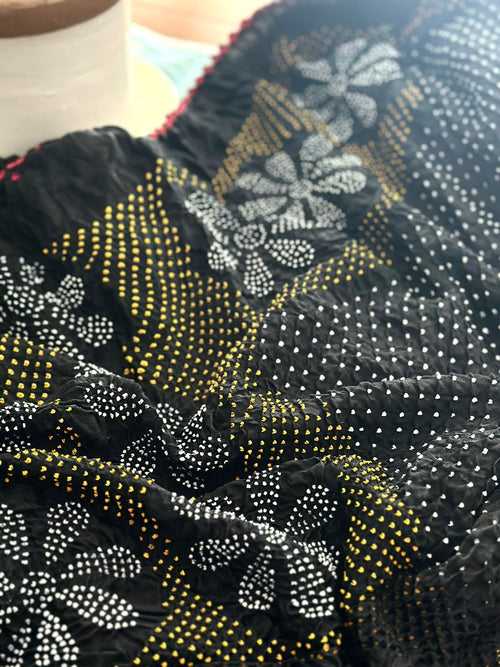 Black Floral Pure Gajji Silk Bandhani Saree