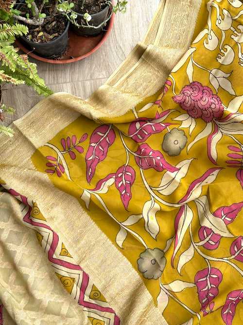 Yellow with a hint of Green Floral Pure Banarsee Georgette Kalamkari Saree