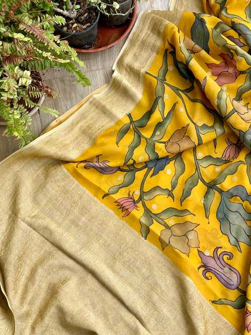 Yellow Floral Pure Banarsee Georgette Kalamkari Saree