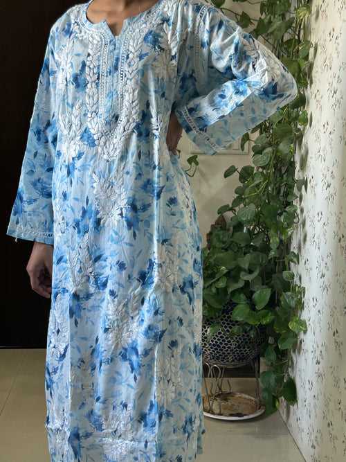 Dream Blue Mul mul cotton chikankari kurti