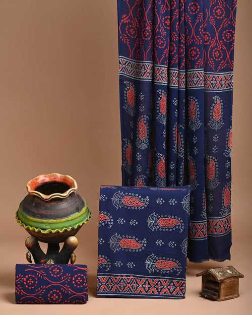 Blue and Red  Cotton Handblock Print suit