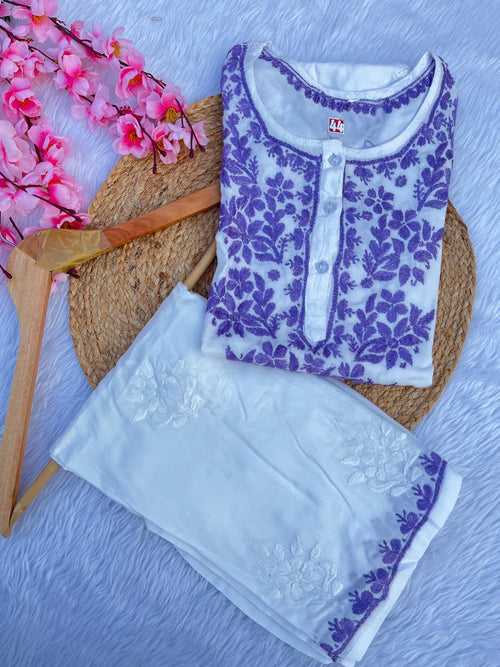 Blue and White Pure Modal  Chikankari Kurta and Pant Set