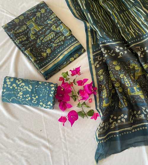 Shop Bluish Green Ajrakh Print Salwar Suit in Chanderi Fabric  ( Unstitched)