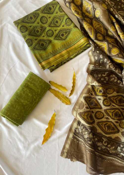 Get Green Ajrakh Print Salwar Suit in Chanderi ( Unstitched)