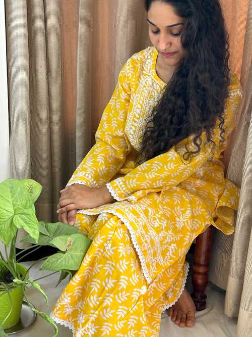 Yellow Floral Lucknowi Cotton Chikankari Sharara Set