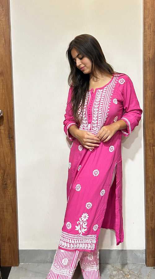 Hot Pink Chikankari Kurti In Rayon With Cotton Stripes Pant