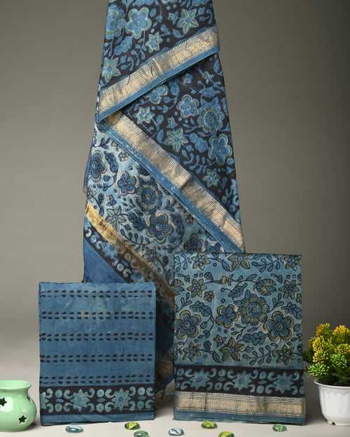 Deep Blue Maheshwari Silk Handblock Print Suit Material