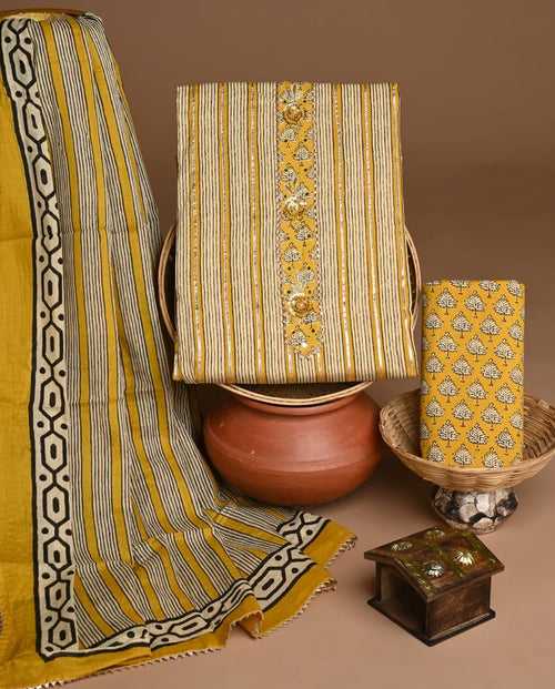 Gold Yellow Traditional Print Trending Cotton Suit Set