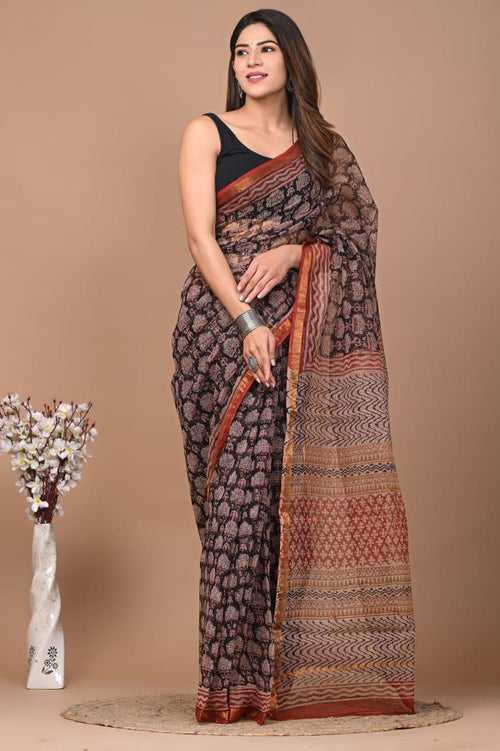 Trending Brown Red Kota Doria Traditional Print Saree