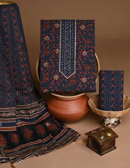 Ink Blue Traditional Print Trending Cotton Suit Set