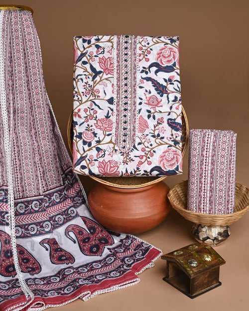 White Floral Traditional Print Trending Cotton Suit Set