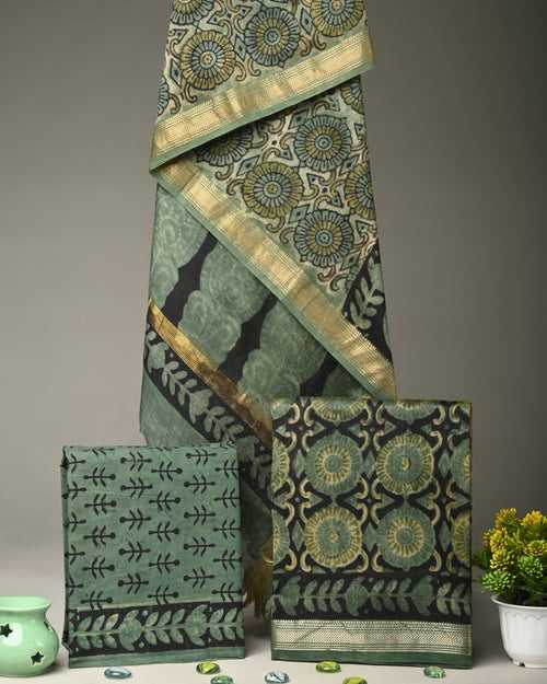 Rich Green Maheshwari Silk Handblock Print Suit Material