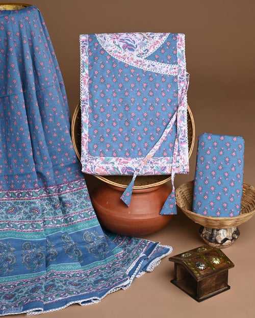 Sky Blue Angrakha Traditional Print Trending Cotton Suit Set