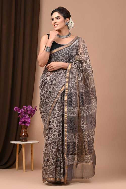 Trending Brown Kota Doria Traditional Print Saree