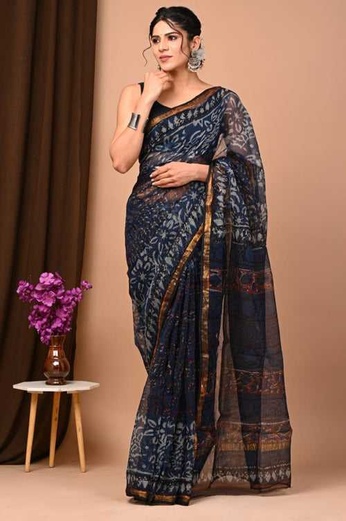 Charming Blue Traditional Kota Doria Print Saree