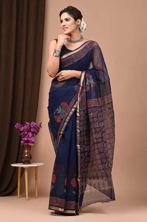 Authentic Deep Floral Blue Traditional Kota Doriya Print Saree