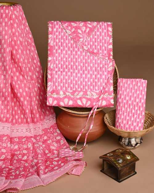 Poppy Pink Angrakha Traditional Print Trending Cotton Suit Set
