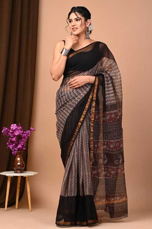 Charming Black Brown Traditional Kota Doria Print Saree