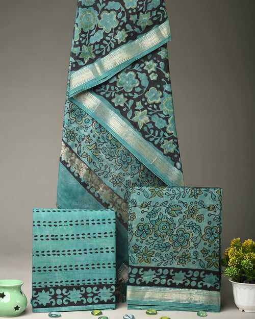 Shades of Blue Maheshwari Silk Handblock Print Suit Material