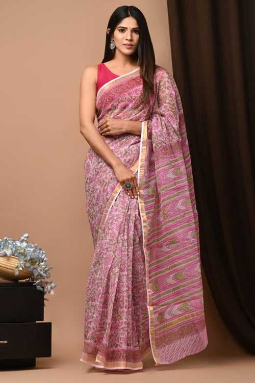 Charming Pink Traditional Kota Doriya Busy Print Saree