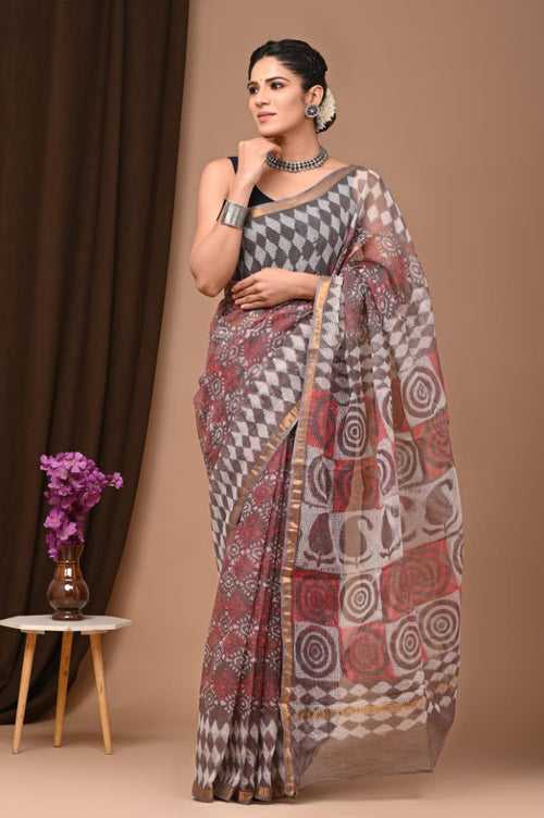 Trending Checkered Red Kota Doria Traditional Print Saree